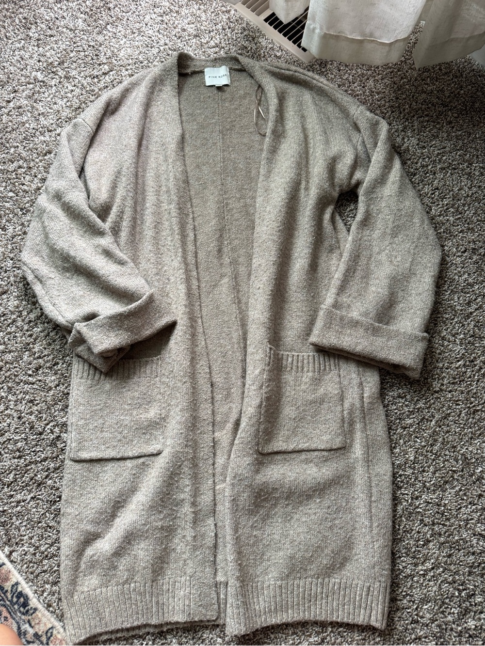 Pink Rose Open-Front Long Cardigan in Taupe